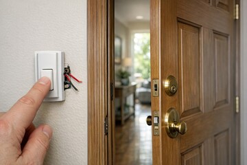 Naklejka premium A person turns the light switch on a wall, illuminating the surrounding area