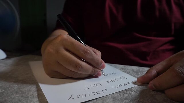 An adult male wearing a dark red shirt writes a summer holiday packing list on a blank piece of white paper, using a black pen in a dimly lit room with a calm and focused atmospher