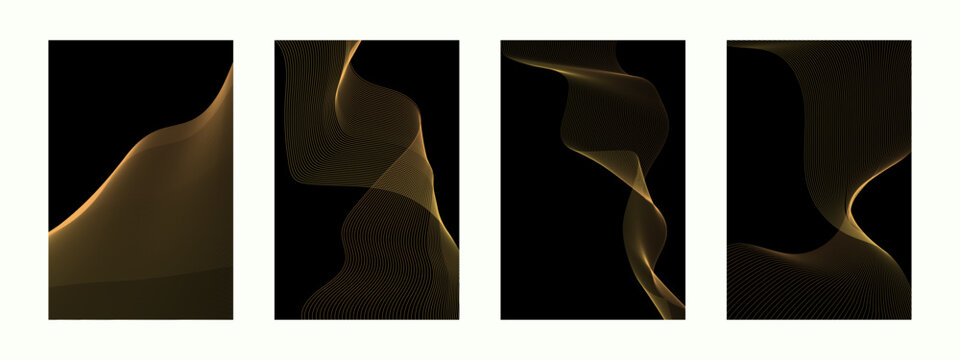 Luxury abstract wave backgrounds with golden flowing contour lines on black backdrop. Elegant futuristic compositions for premium branding and digital design
