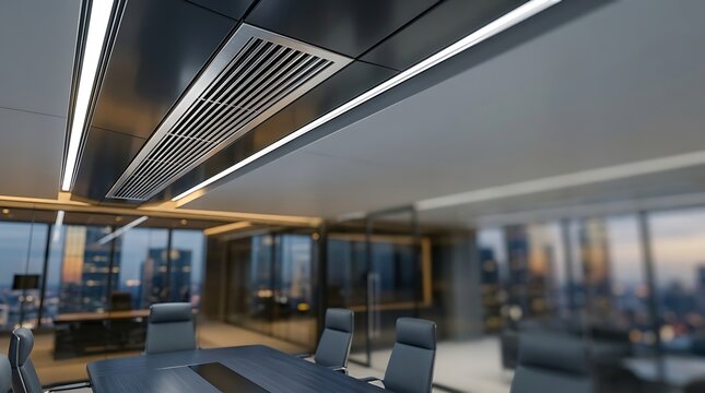 Modern office ceiling with linear air vent lighting in bright corporate workspace