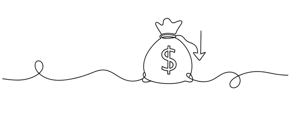 Continuous line drawing of money bag with downward arrow indicating financial loss. No editable stroke