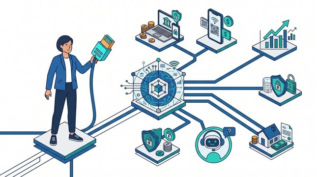 Flat vector isometric illustration of a user connecting a plug to a central node representing a fintech ecosystem and API integration