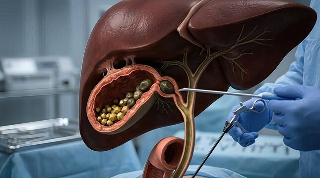Detailed human anatomy showing gallbladder disease, multiple gallstones obstructing the bile duct, a doctor performing laparoscopic surgery, therapeutic procedure