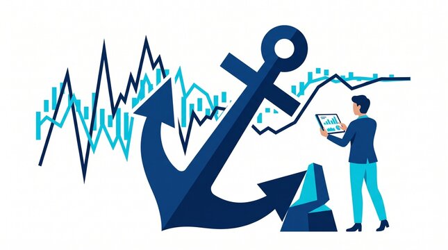 Flat vector illustration of a businessman analyzing charts with a large ship anchor representing anchoring bias in financial trading and market stability