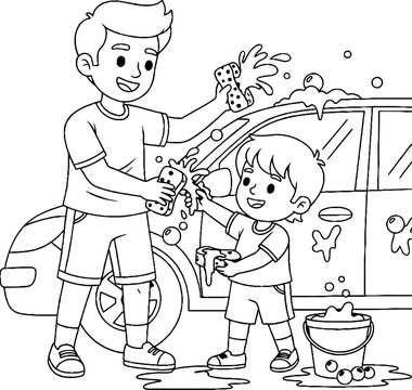 Father and Son Washing a Car Together with Sponges and Soap