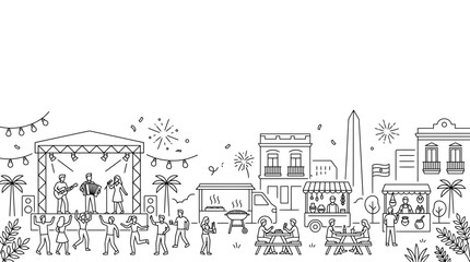 Hand drawn illustration of an outdoor music festival in a city square. © Ezra Farel