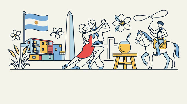 Line art illustration featuring cultural symbols and landmarks of Argentina.