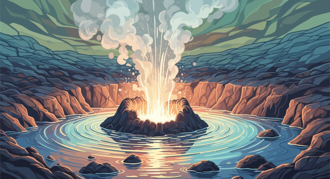 Stylized volcano erupting in a lagoon with dramatic vapor and artistic rendering