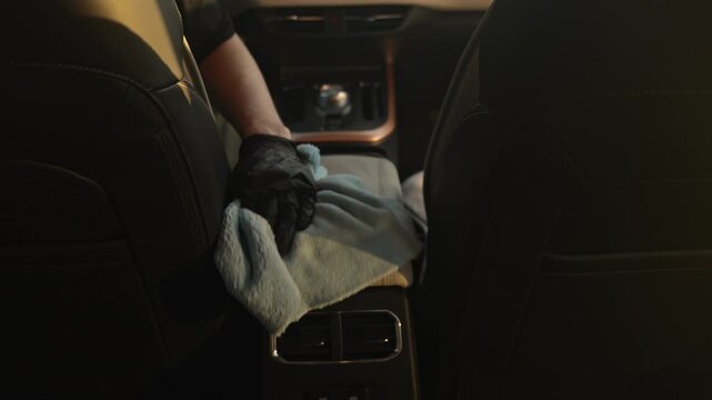 Soft Microfiber Cloth Glides Across Leather Armrest And Console As White Man Buffs Interior To Remove Wet