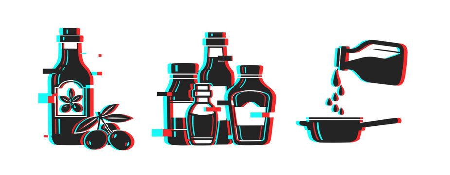 Cooking bottles and condiments being poured into frying pan. Glitch effect