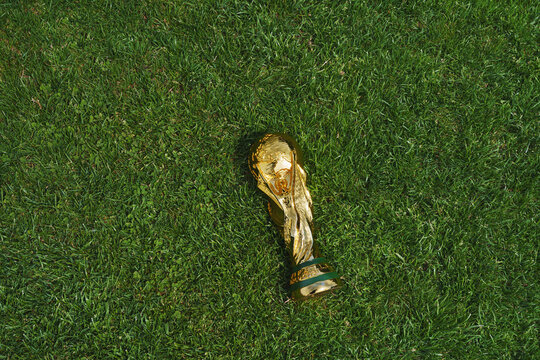 Germany, Offenbach am Main, Hesse. 10.05.2026. A copy of the world championship trophy on the soccer stadium.