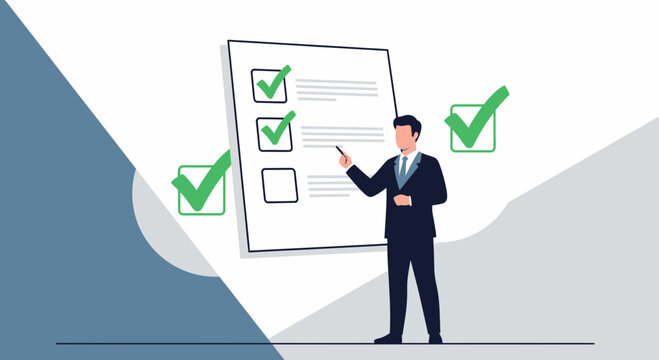 Businessman checking list with green checkmarks, tasks complete, successful plan