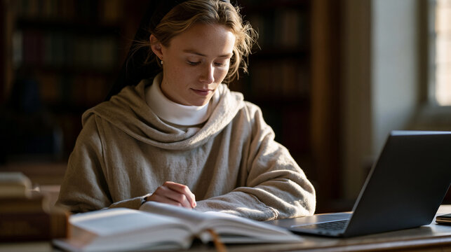 Novice sister sits at a seminary desk in the convent library marking student essays on theology, a bookmarked volume on contemporary religious vocation open beside her laptop, her expression focused