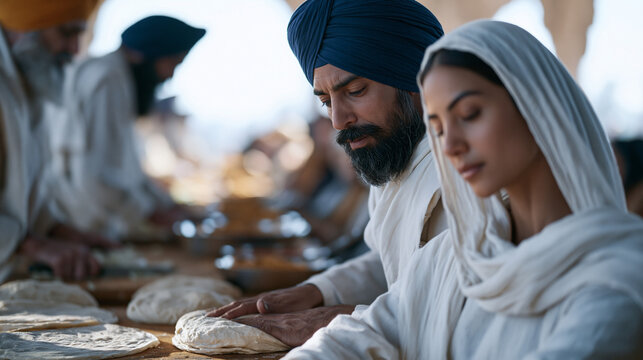 Multigenerational Sikh family fills a gurdwara langar hall for communal meal preparation, men and women of all ages chopping vegetables, rolling dough, and serving hot dishes at long rows of seated 