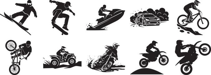 Fototapeta premium Diverse collection of extreme sports and outdoor adventure activities vector silhouettes.
