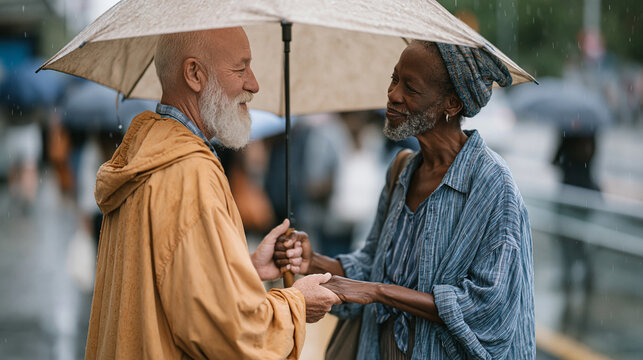 Middle-aged man handing his umbrella to a stranger caught in a sudden summer downpour outside a transit station, already walking away before she can thank him, the act of generosity complete and sel