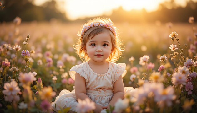 Cute baby girl sitting in flower field, golden hour sunlight, candid expression, high detail