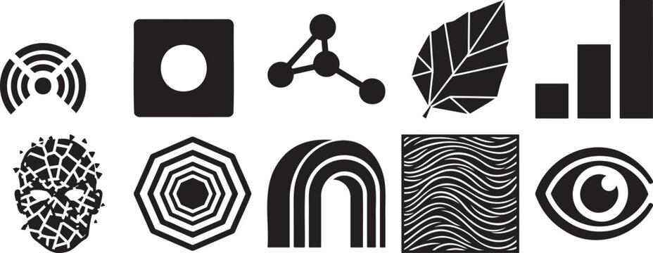 Modern minimalist vector icon set with diverse abstract and symbolic elements.