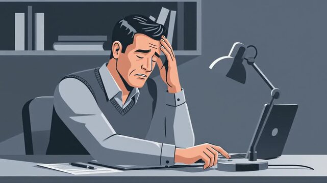 Struggling Student Working Late At Desk Under Lamp Overwhelmed By Tasks