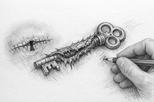 A hand-drawn illustration of a skeleton key with a pencil, suitable for use in educational or creative projects