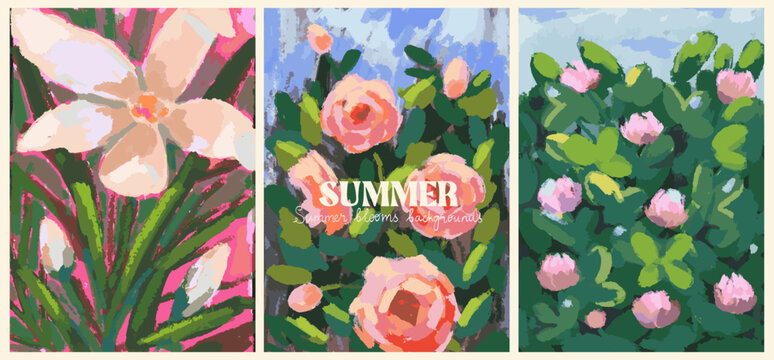 Abstract field, garden, wild flowers set. Summer garden scene wall art or placard with pastel colored oil paint or gouache drawings. Watercolor flower aesthetic for greeting wedding invitation card.