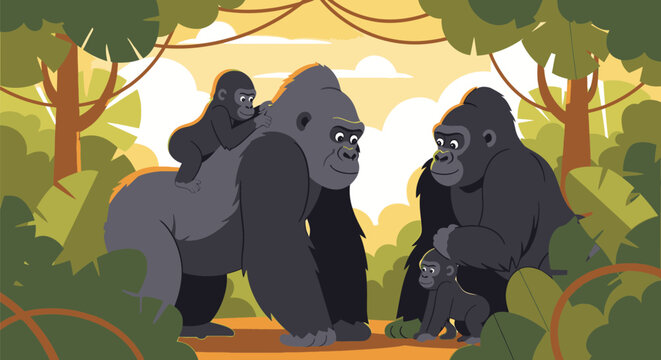 A family of gorillas are gathered in the lush jungle environment.