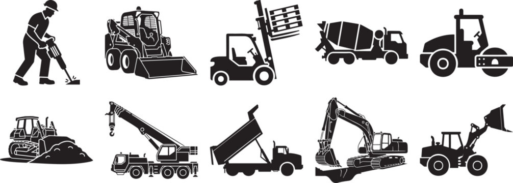 Set of heavy construction and industrial machinery silhouettes with a worker