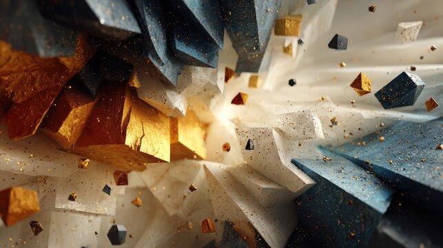 Fragmented geometric shapes exploding with glowing orange light on dark textured surface