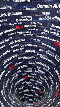 SEO Keywords Animation on Tunnel Walls, Background, Loop
