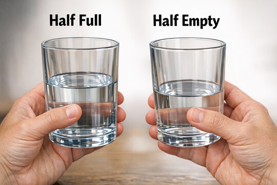 Two hands holding glasses of water, one half full and the other half empty, representing a concept of balance