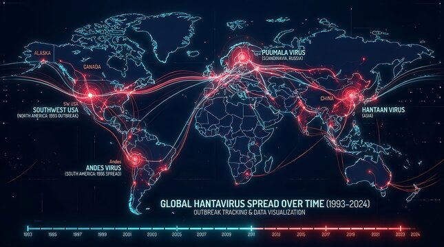 Detailed world map showing global spread of hantavirus outbreaks and data visualization over time