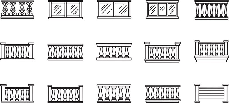 Balcony railing icons set featuring various architectural balustrade designs and terrace fence styles in black line art