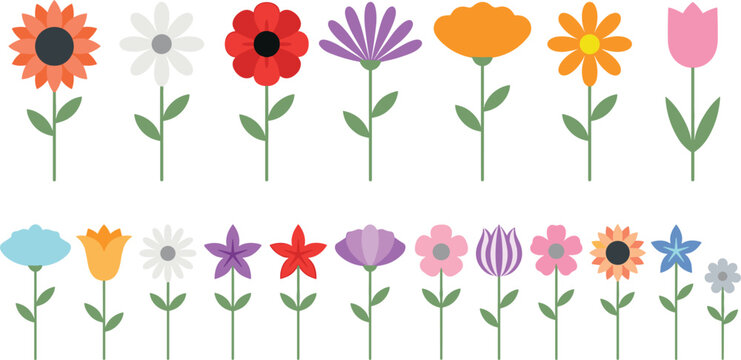Flat Colorful Flower Icon Set Featuring Minimalist Spring Floral Elements Sunflower Tulip Daisy and Poppy Graphics for Web Interface and Wallpaper Patterns