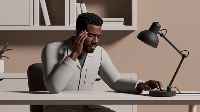 Stressed African American Man at Desk Experiencing a Headache, Exhaustion, or Depression