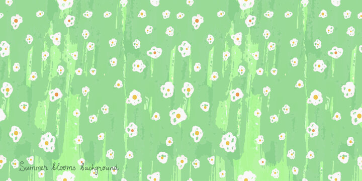 Abstract field, garden, wild chamomile meadow. Summer flower background for placard with pastel colored wax crayons drawings. Watercolor flower aesthetic for greeting wedding card and invitations.