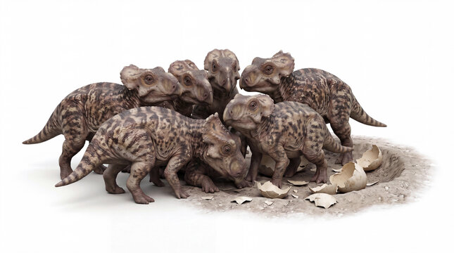 Kosmoceratops richardsoni hatchlings gathered in a nest, realistic 3D reconstruction of young ceratopsian dinosaurs resting together on a clean white background with detailed anatomy.