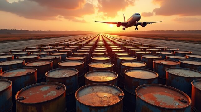 Jet Airplane Taking Off Over Field of Oil Barrels at Sunset.