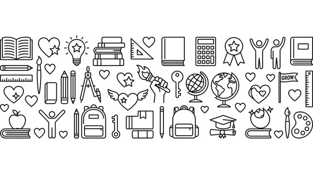 School education background with line icons of books and stationery.