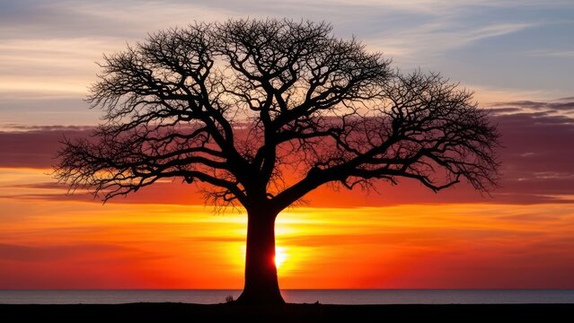 Silhouette of a bare tree against a vibrant orange and yellow sunset sky