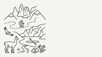 Line art illustration of outdoor mountain adventure with hiking llama and kayaking. © Faris Rizqan