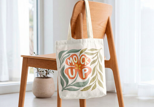 Tote bag mockup on wooden chair