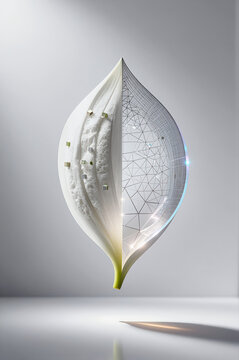 White leaf displays a split anatomical view showing textured organic surface on one side and complex geometric wireframe structure on the other against gray studio space.