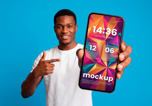 Smartphone screen mockup with smiling man