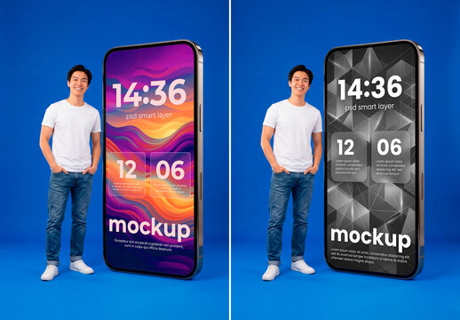 Giant smartphone mockup with man