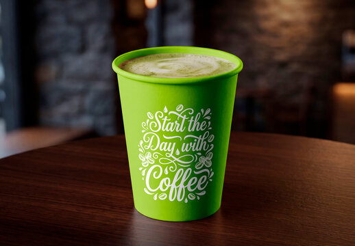 Hot matcha cup mockup on table
