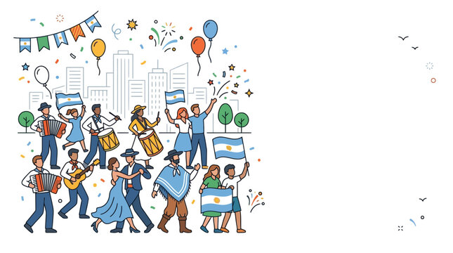 People celebrating Argentina independence day with flags and music.