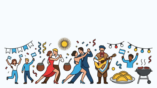 People celebrating Argentinian culture with tango dance and traditional food.
