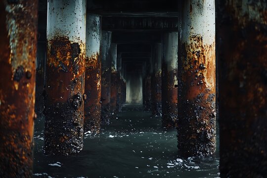 Underneath a pier with weathered rusty pillars and dark water reflections.