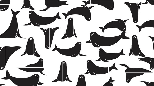 Seals lying and swimming in repeated pattern on white background, no seamless
