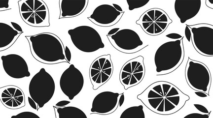 Fototapeta premium Lemon silhouettes and slices scattered on white background, no seamless
